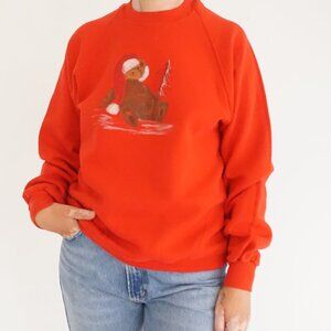 Vintage Jerzees Red Teddy Bear Christmas Sweatshirt Festive Holiday Santa Hat  L